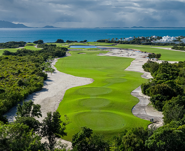 Aerial photo of the Aurora International Golf Club and the sea