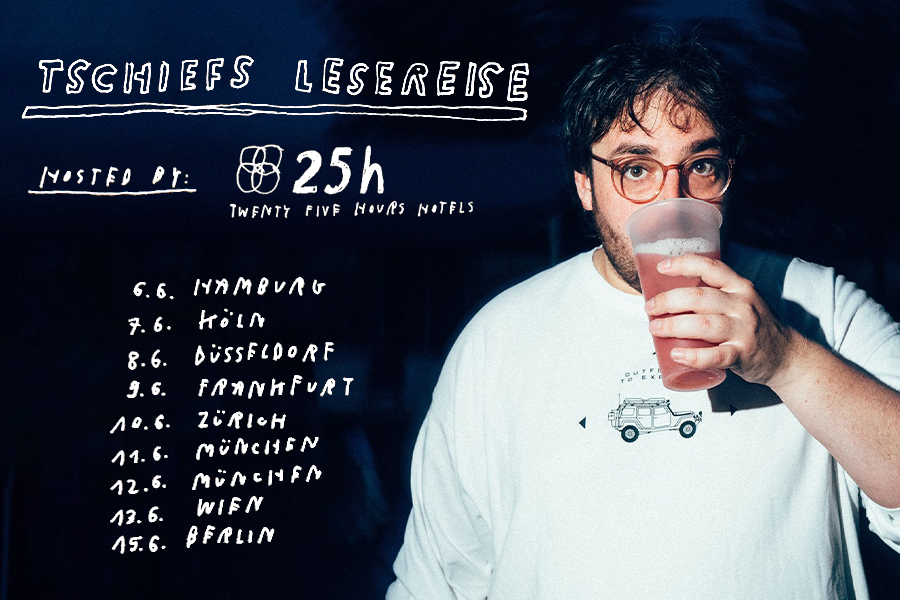 Sebastian Becker, also known as Tschief, sipping a cold drink, with the tour dates of his reading tour displayed on the left side of the image.