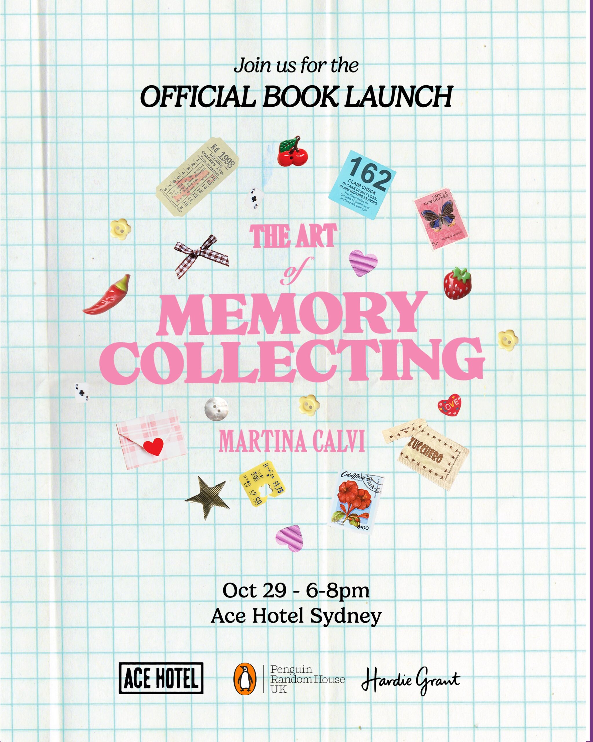 Book launch event poster for 'The Art of Memory Collecting' at Ace Hotel Sydney, October 29, 6-8pm.