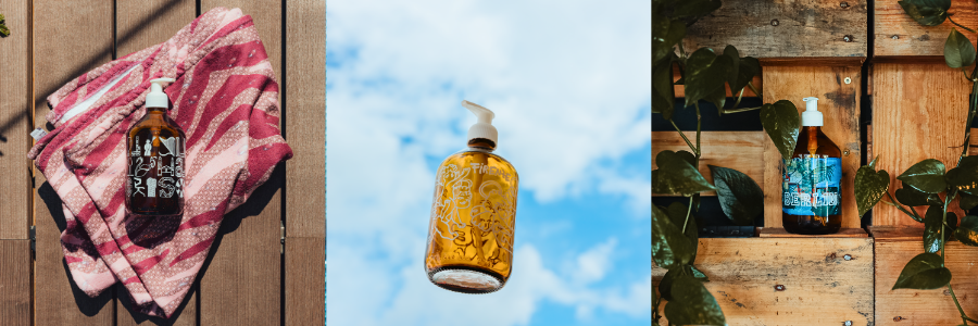 Three photos of the illustrated Soeder soap bottles side by side