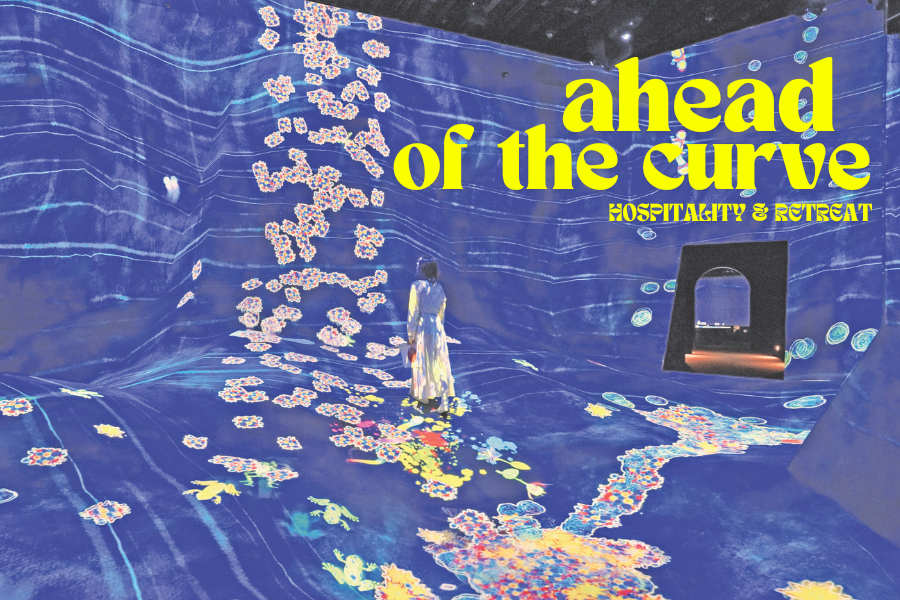 A person stands in an immersive, digitally illuminated art space with deep blue walls and glowing floral patterns flowing across the floor and up the walls.